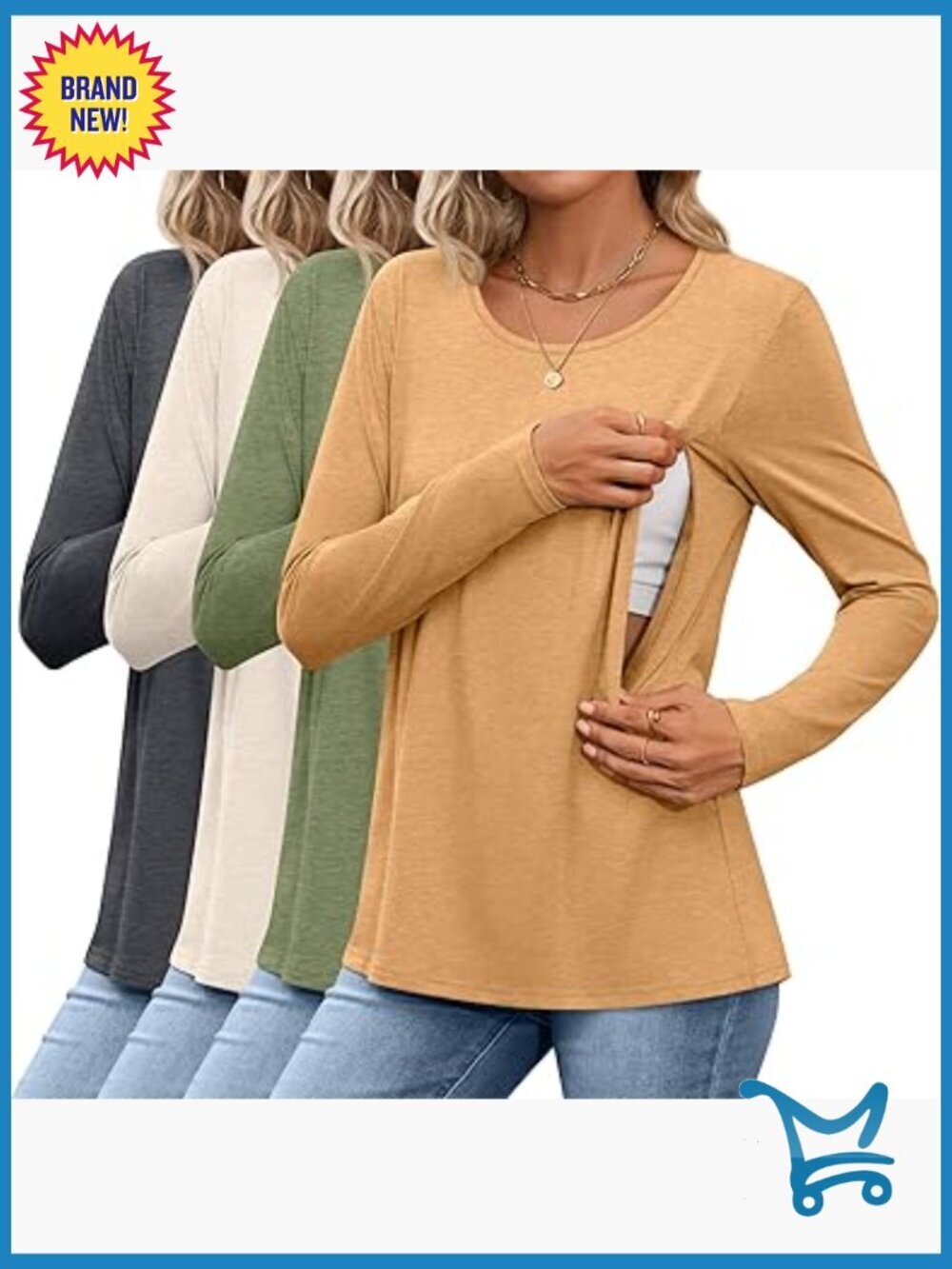 4 Pack Cotton Nursing Tops Long Sleeve Hidden Zippers Maternity Tees